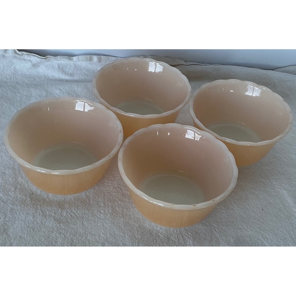 Fire-King Vintage Peach Luster Custard‎ Cups Scalloped Milk Glass Set of 4 6oz